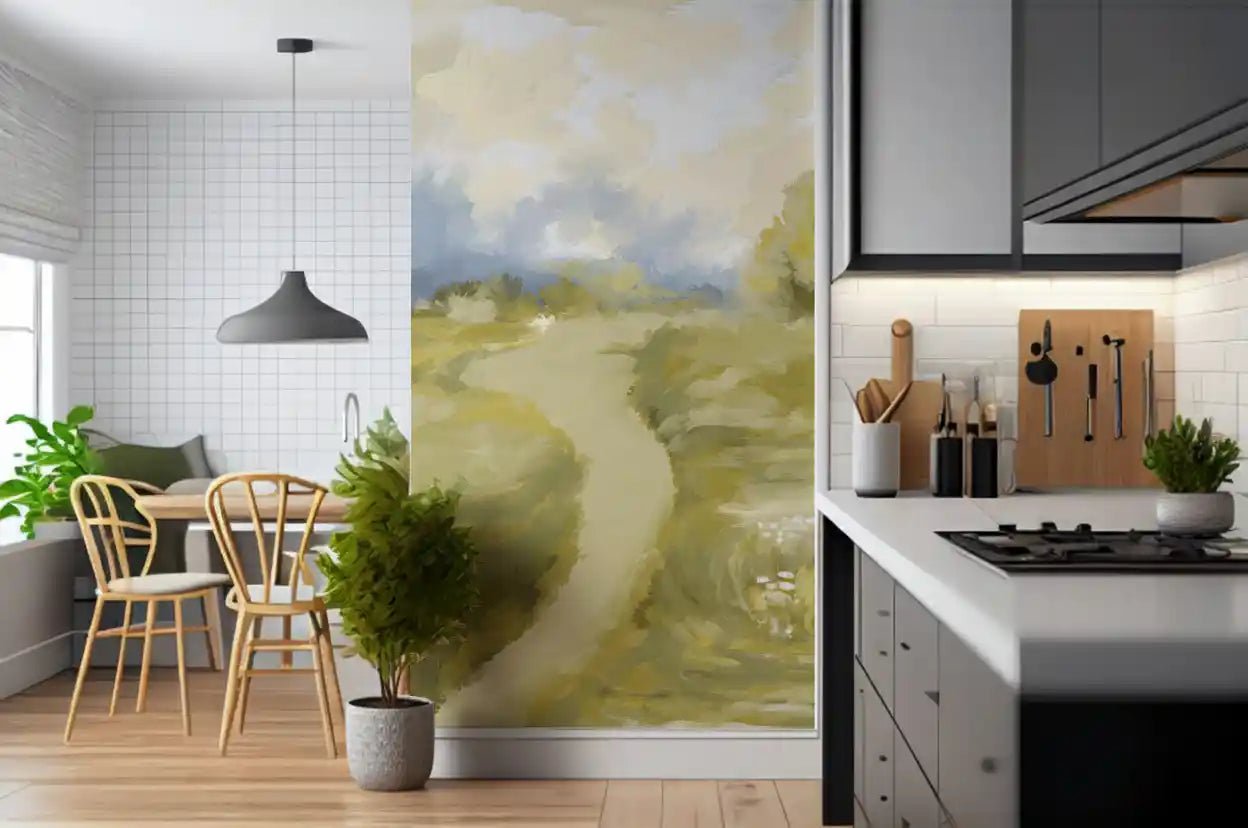 A winding pale path cuts through the meadow on Soft Countryside Painting wall mural.GD9606