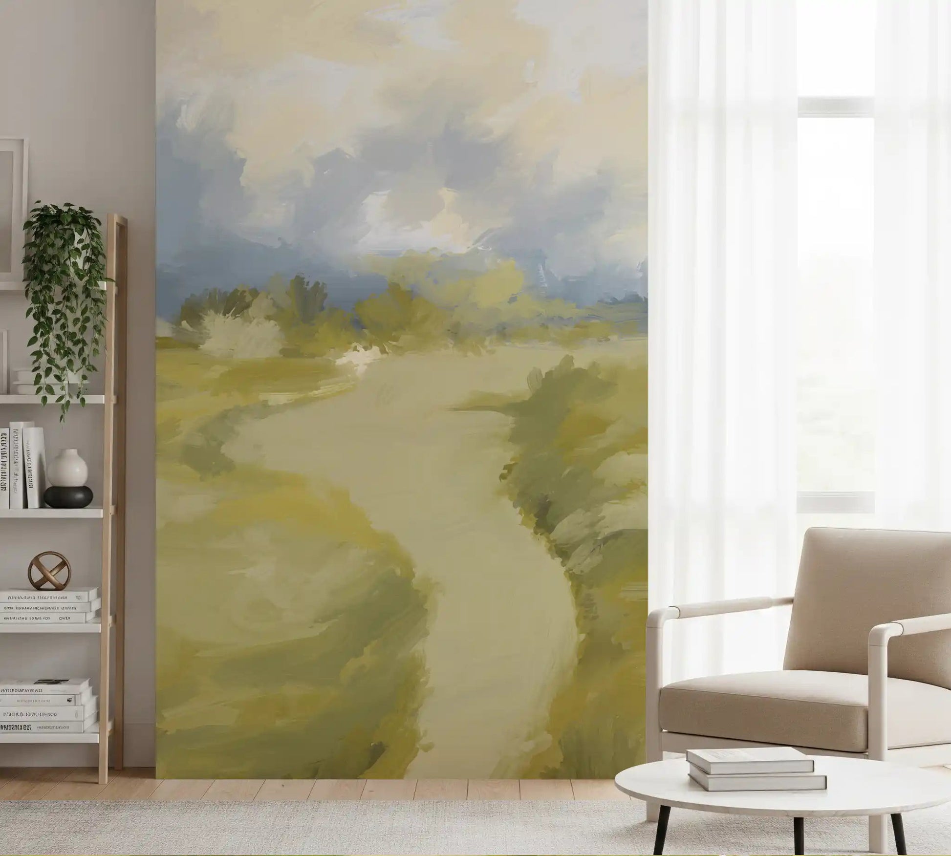 Lounge backdrop holds painterly depth from Countryside Oil wall mural.GD9606