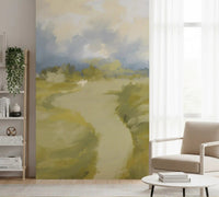 Lounge backdrop holds painterly depth from Countryside Oil wall mural.GD9606