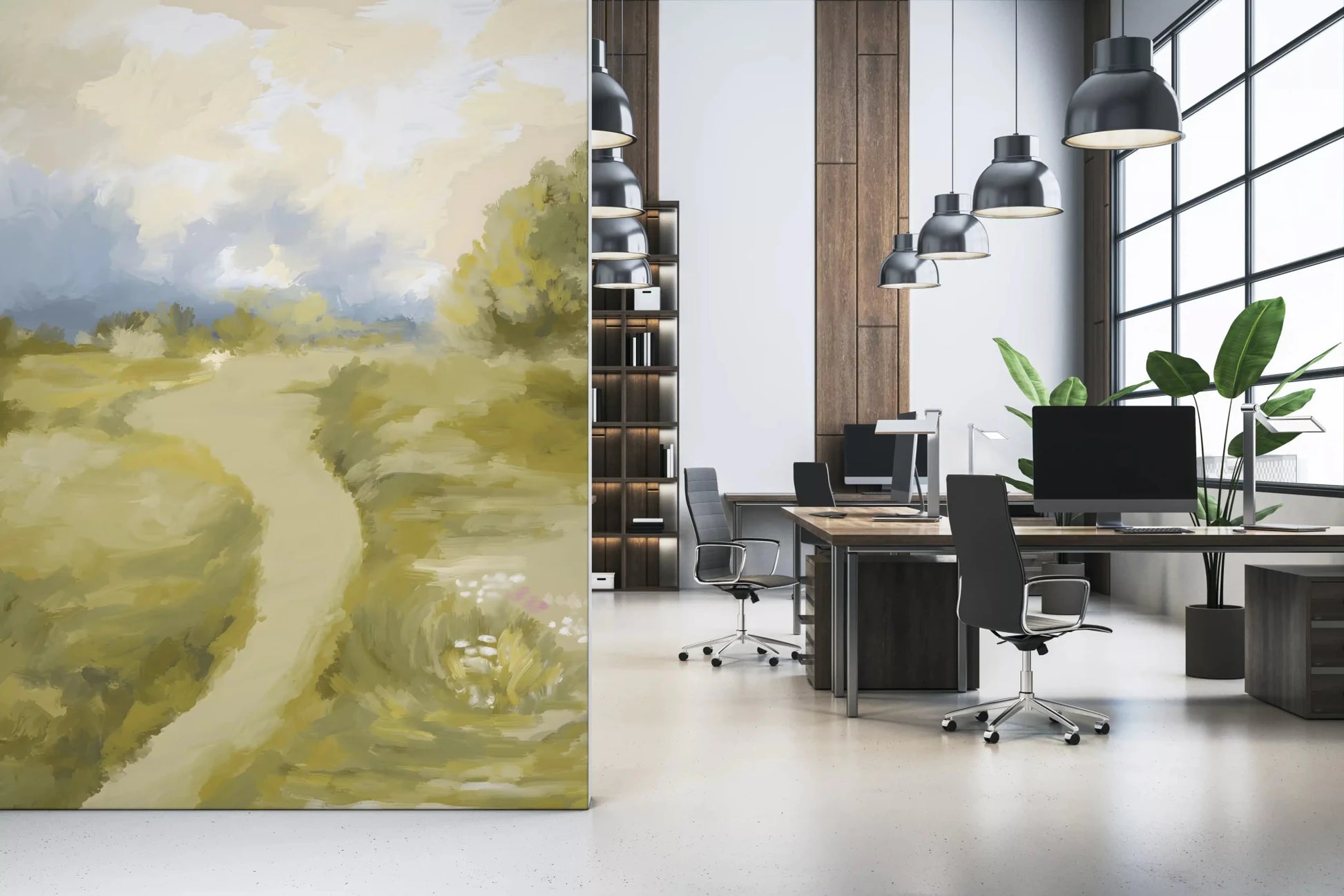 Dark green bushes sit along the horizon line in Soft Countryside Painting wall mural.GD9606