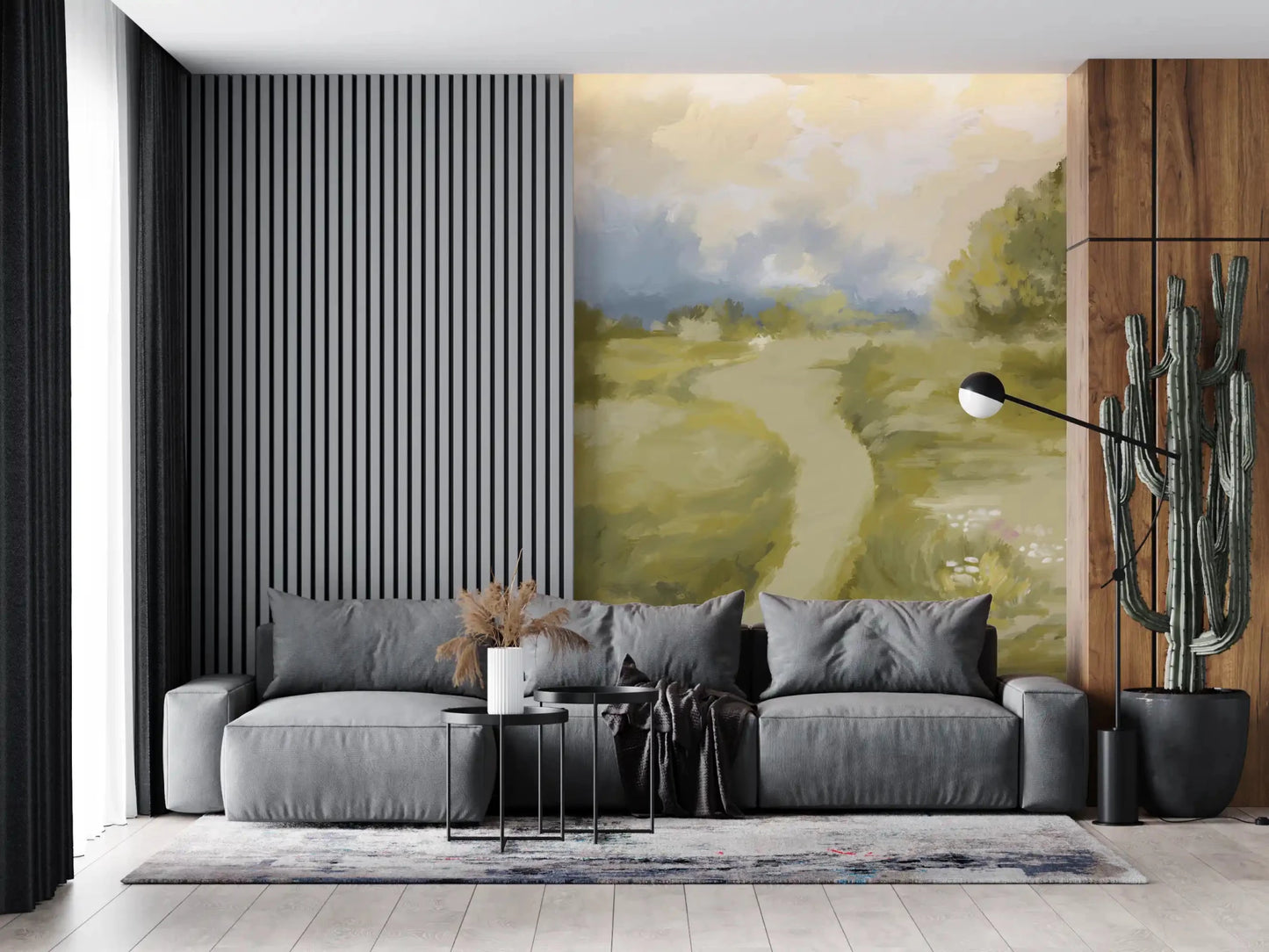 Dabbed wildflowers break the foreground green of Soft Countryside Oil wall mural.GD9606