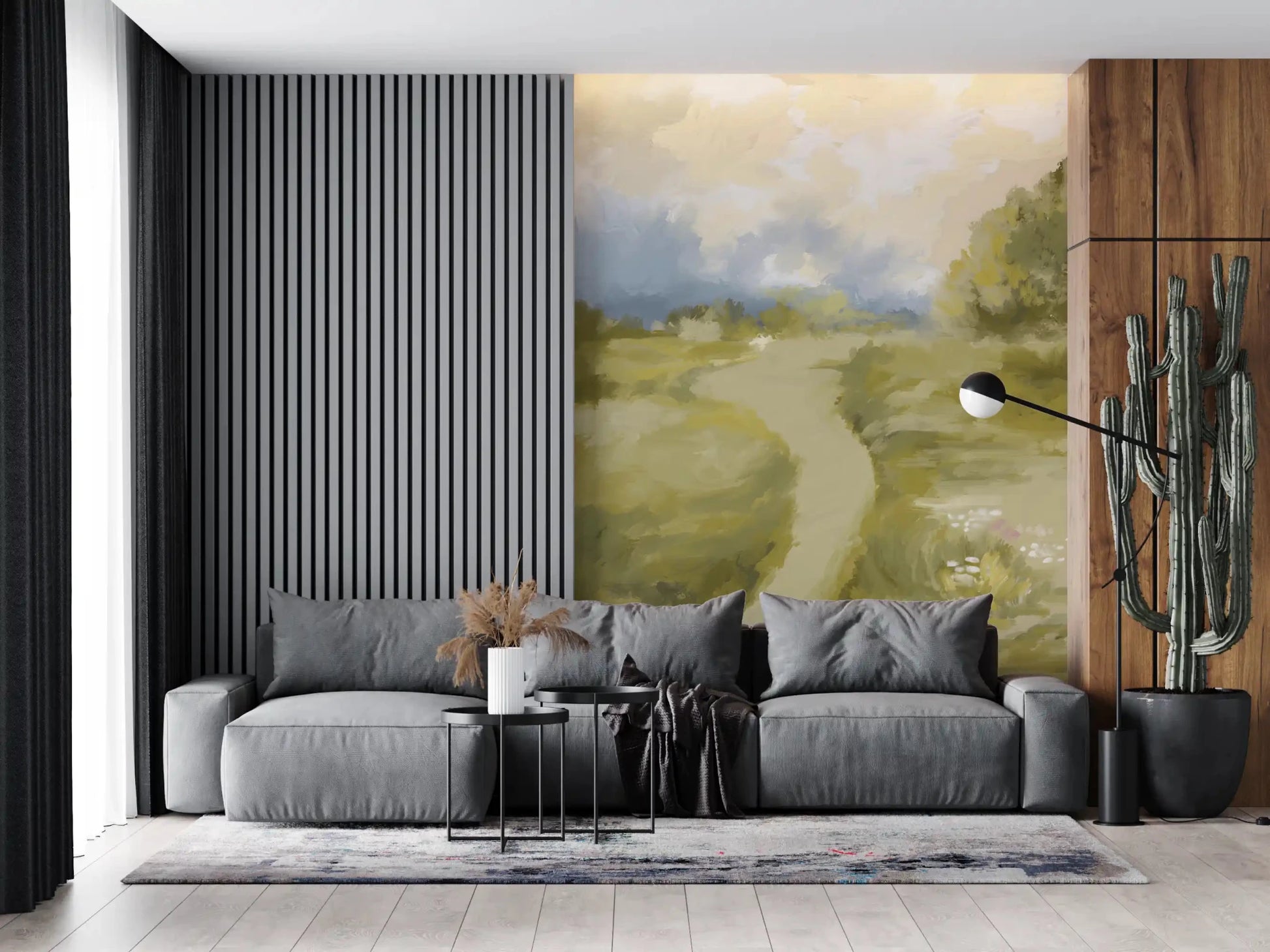 Dabbed wildflowers break the foreground green of Soft Countryside Oil wall mural.GD9606