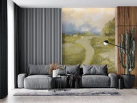 Dabbed wildflowers break the foreground green of Soft Countryside Oil wall mural.GD9606