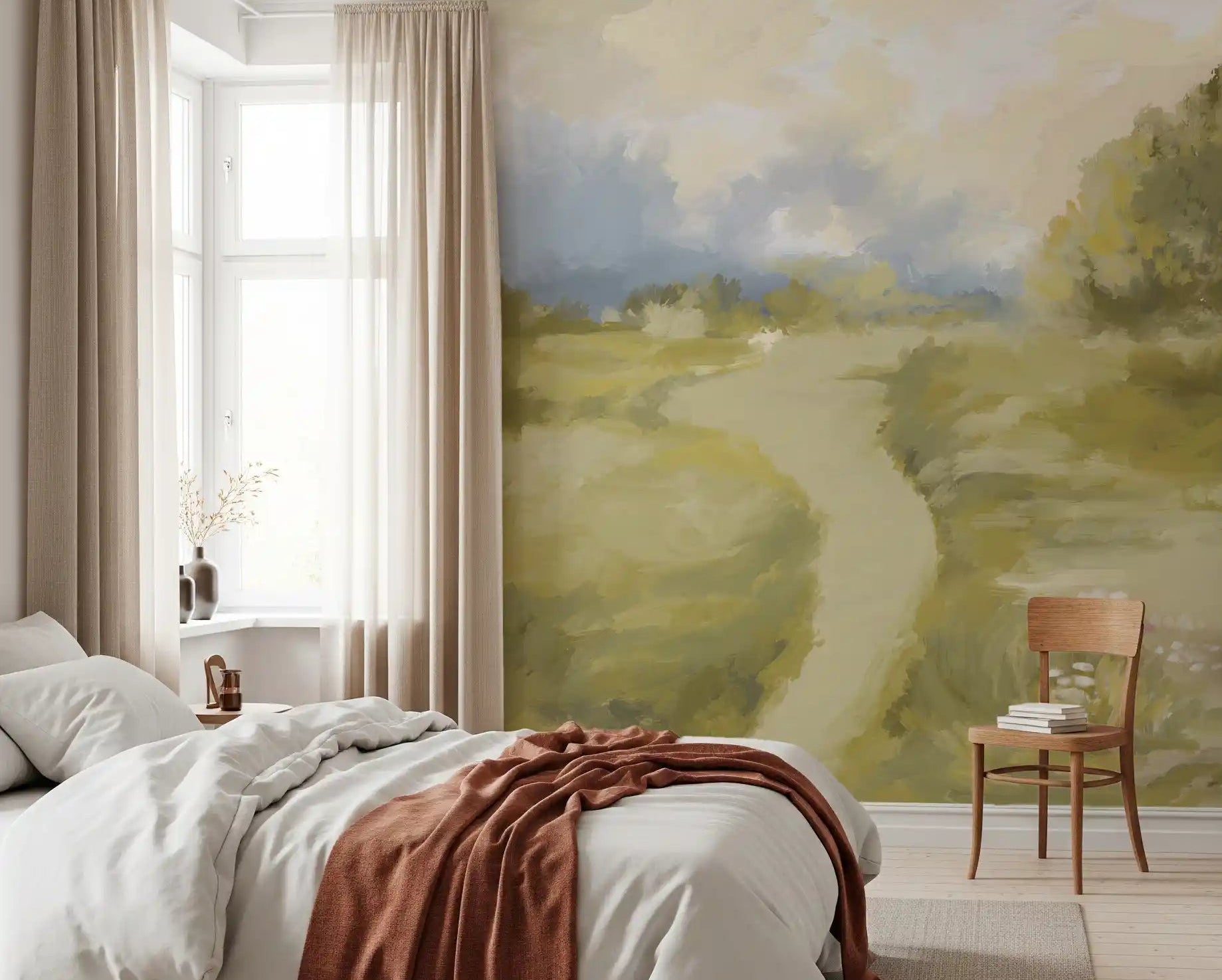 Brushwork landscape detail fills the bedroom on Soft Countryside wall mural.GD9606