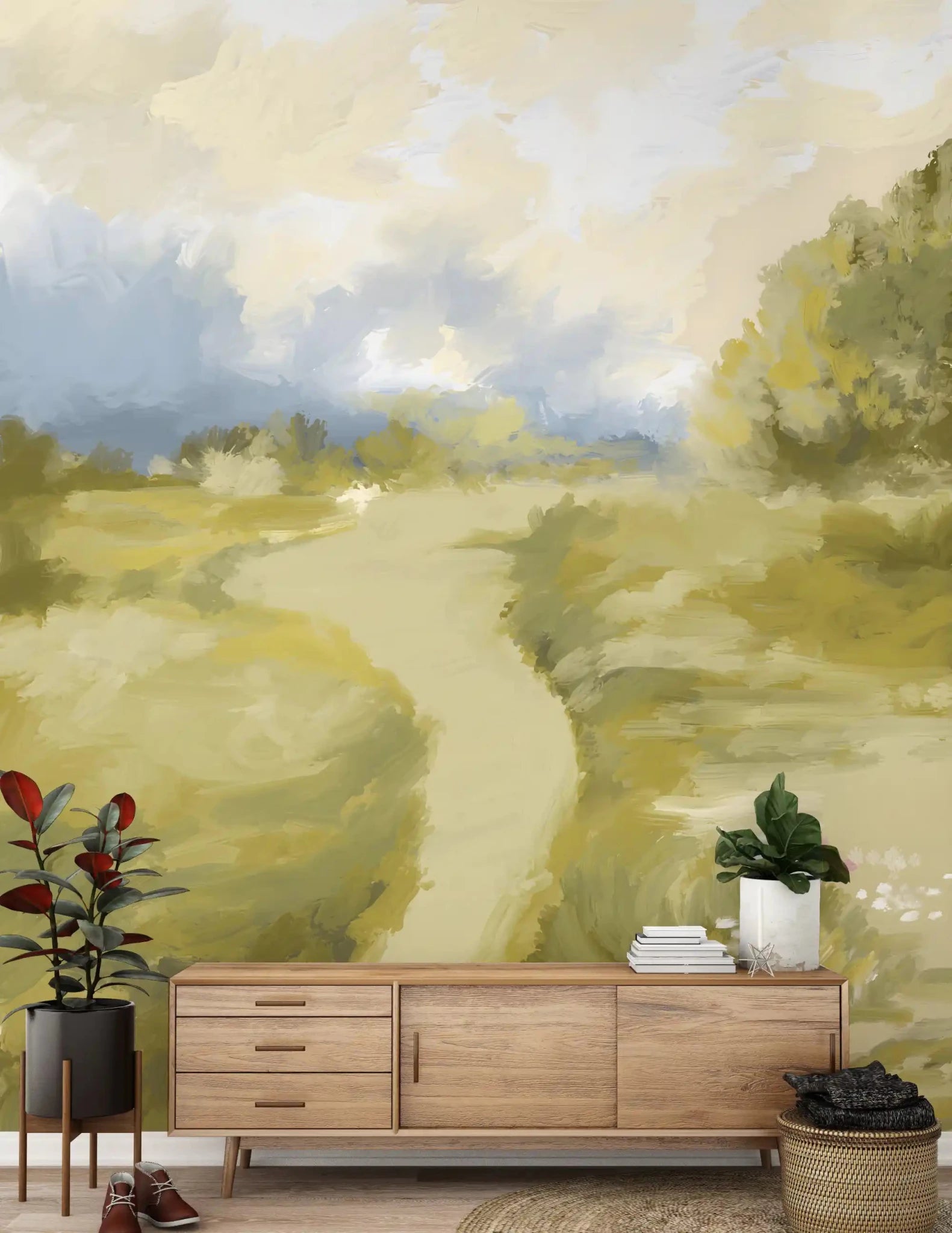 Visible oil strokes shape the cloudy sky in Soft Countryside Oil Impressionism wall mural.GD9606