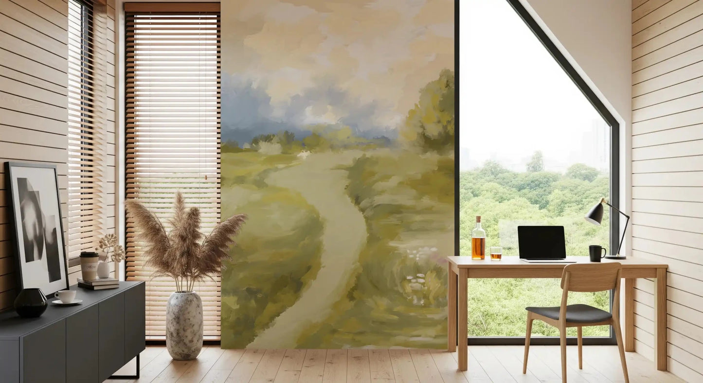 Study room lifts with painted meadow light on Soft Countryside wall mural.GD9606
