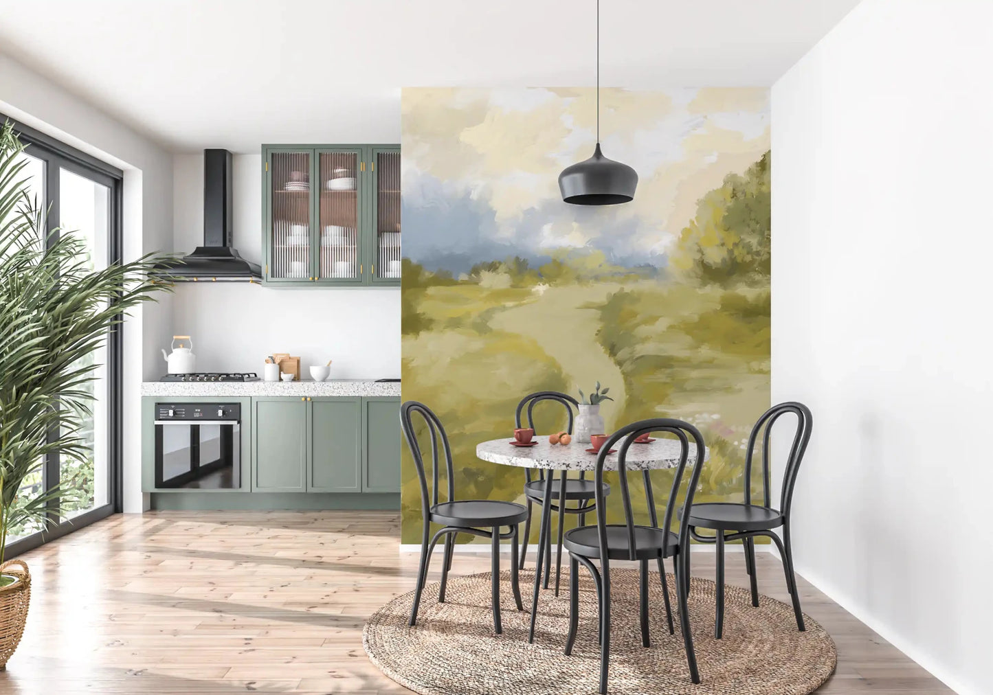 Kitchen opens onto a painted meadow via Countryside Oil Impressionism wall mural.GD9606