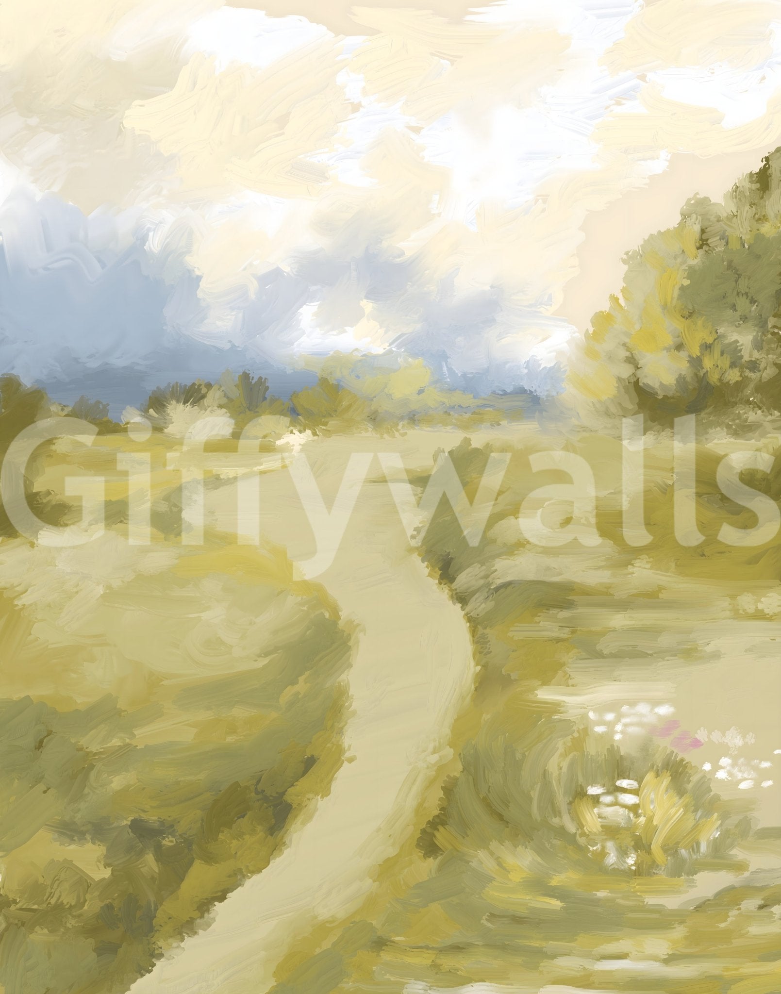Loose horizontal sky strokes layer cream and pale blue on Soft Countryside wall mural.GD9606