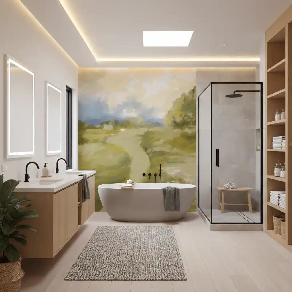 Bathroom brushed meadow tones from Soft Countryside wall mural.
lGD9606