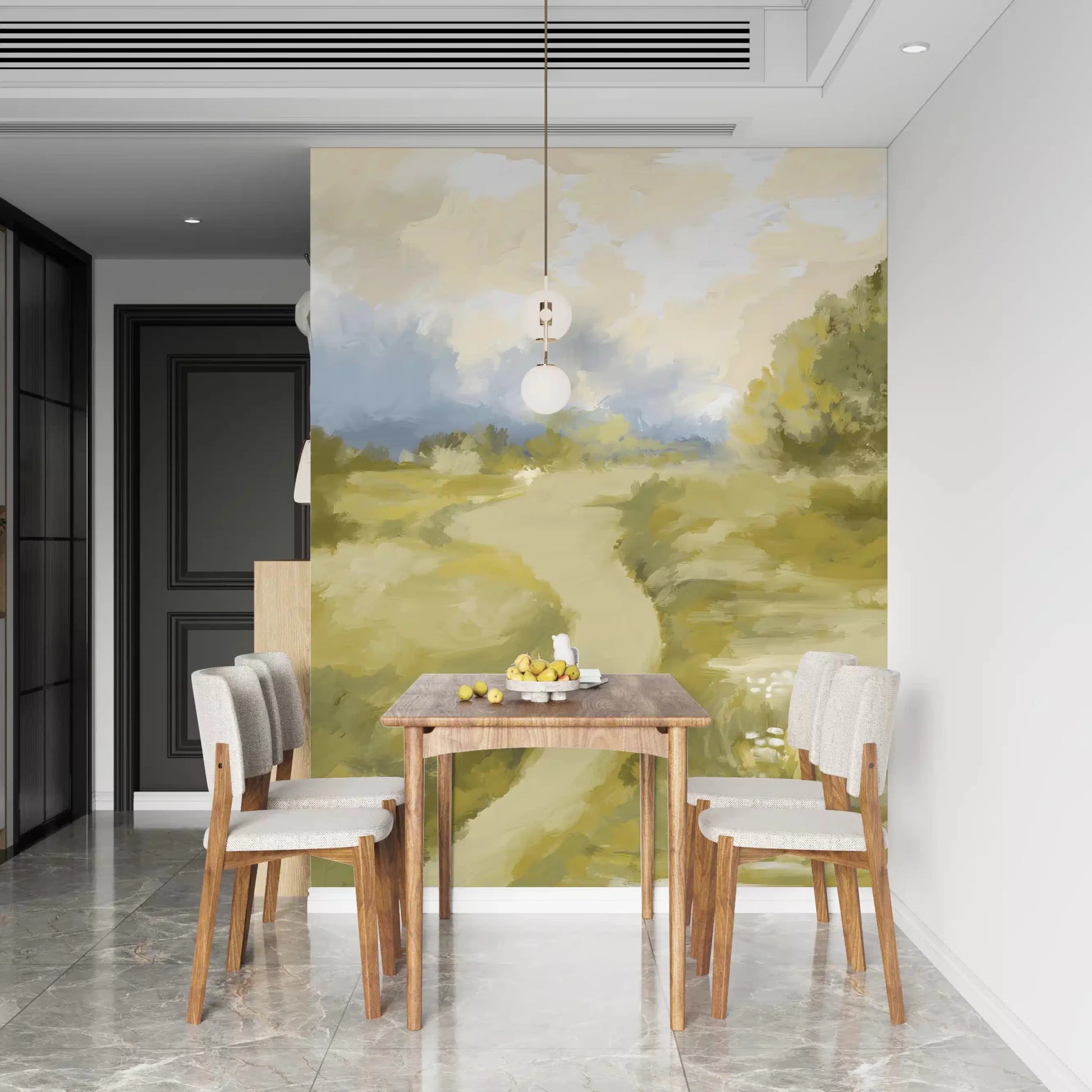 Dining area takes on a calm view from Soft Countryside Painting wall mural.GD9606