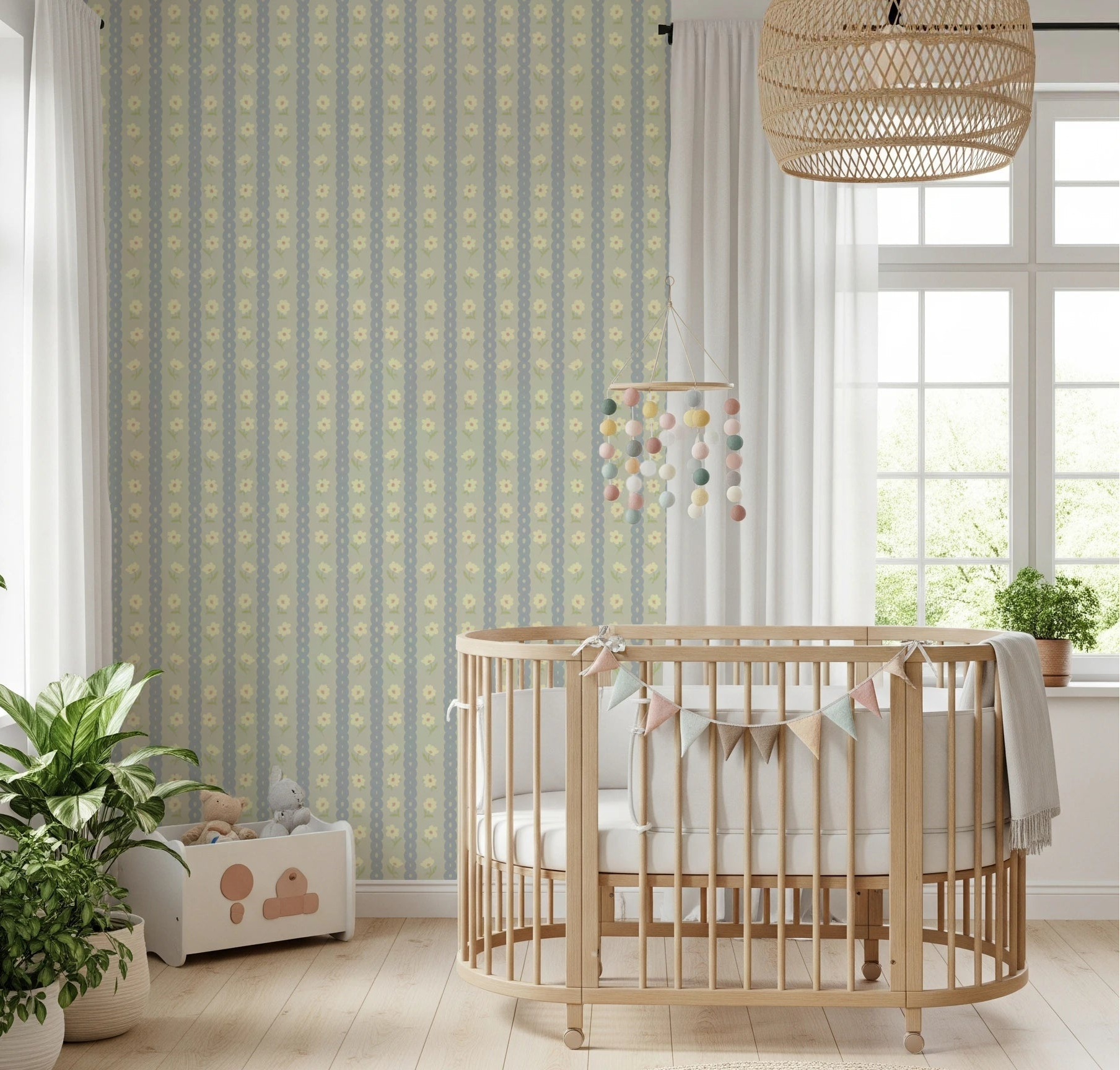 Nursery corner paired with Soft Daisy Stripes Wallpaper and neat vintage stripe rhythm, GD8115