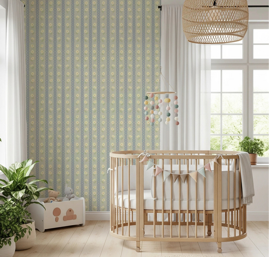 Nursery corner paired with Soft Daisy Stripes Wallpaper and neat vintage stripe rhythm