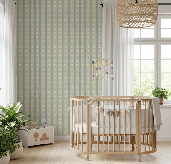 Nursery corner paired with Soft Daisy Stripes Wallpaper and neat vintage stripe rhythm, GD8115