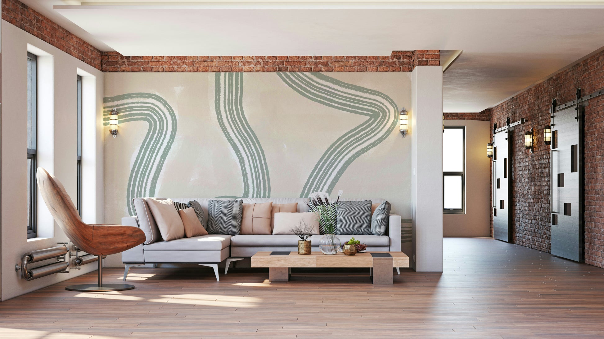 A peaceful modern abstract mural on decorative wallpaper.

