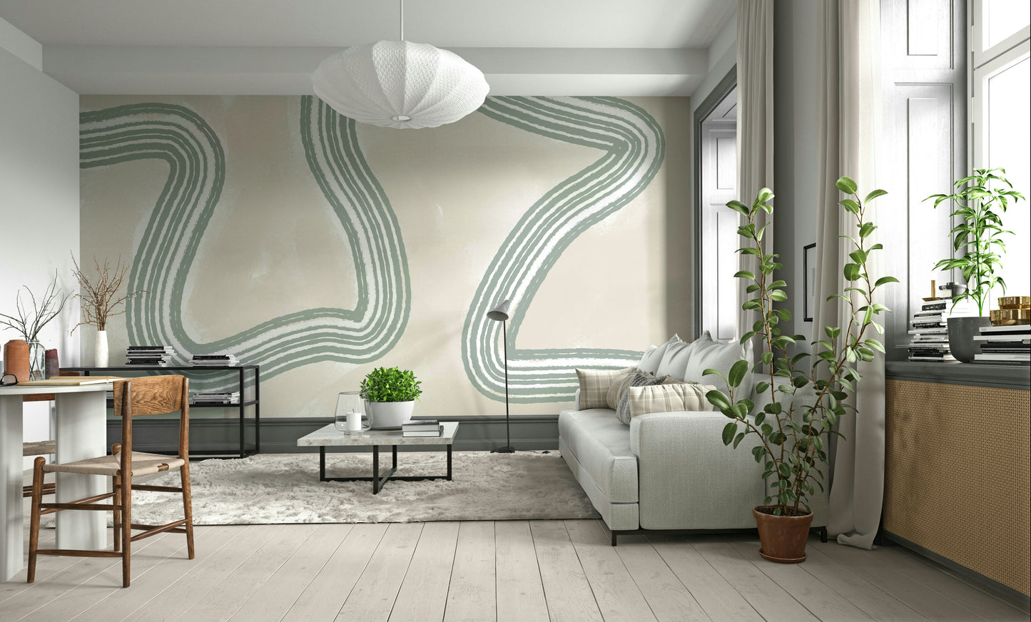 A graceful subtle shape wall mural in cool, tranquil tones.

