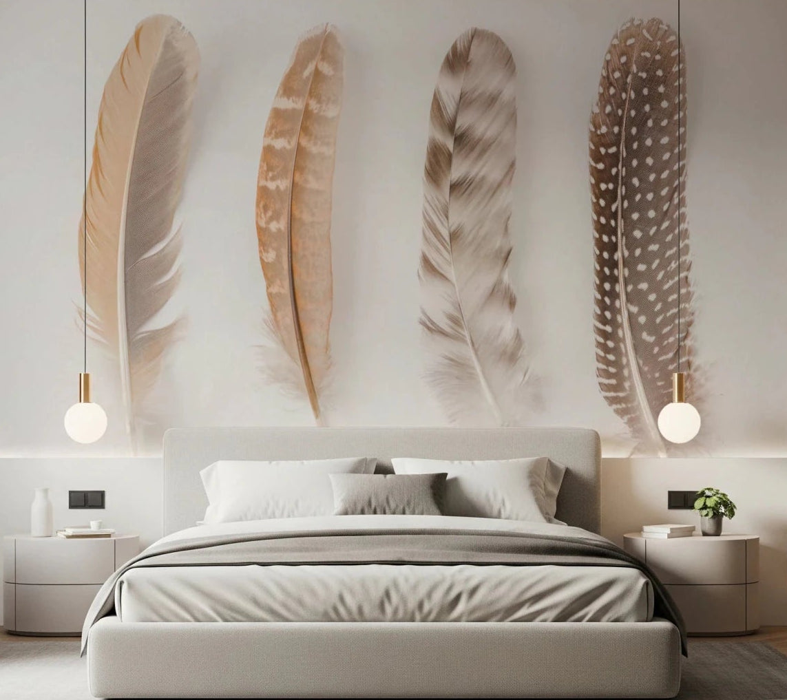 Bedroom styled using Soft Feather Array Wall Mural with delicate feather detail