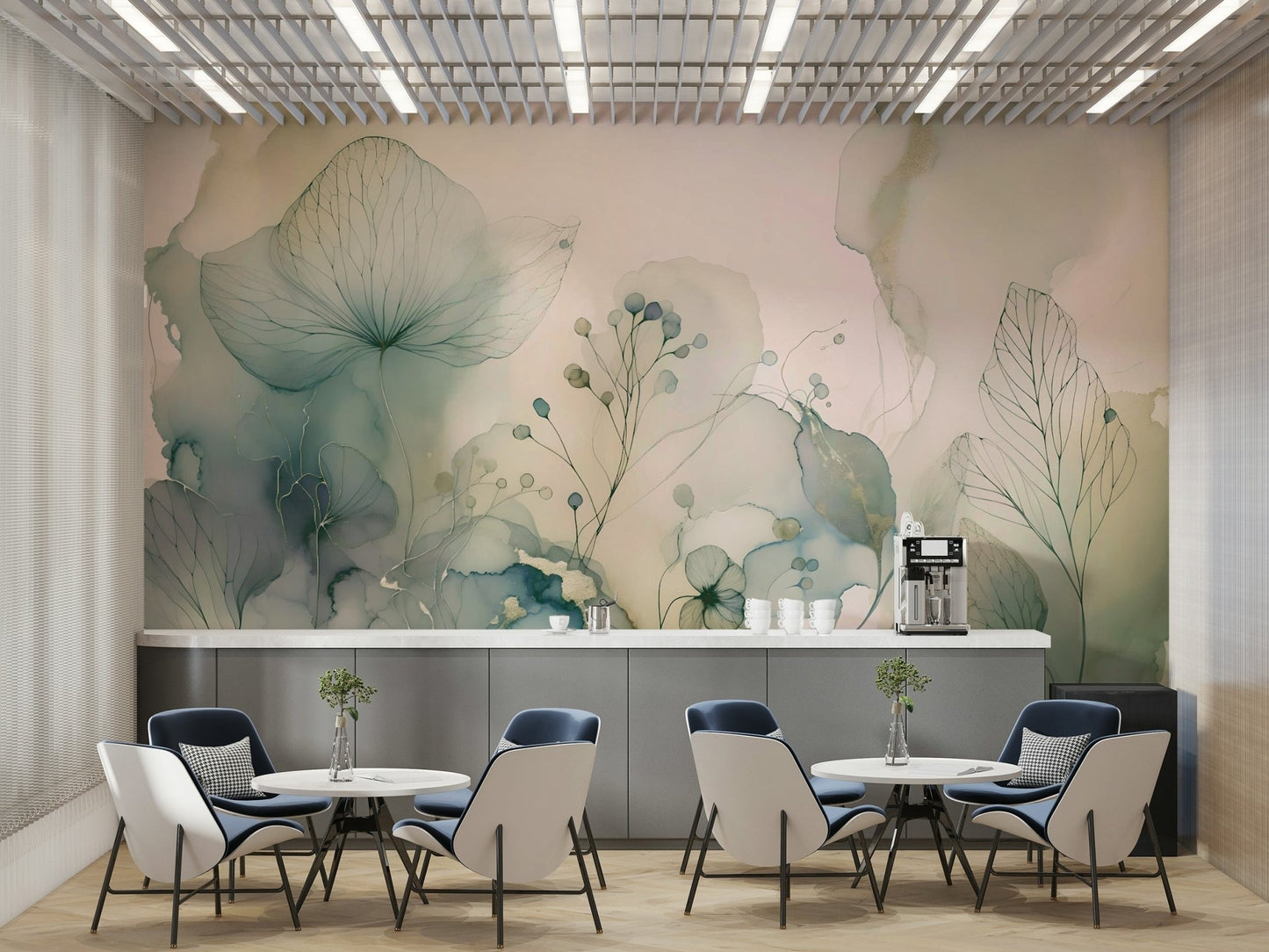 Light pink and beige mural with abstract florals.

