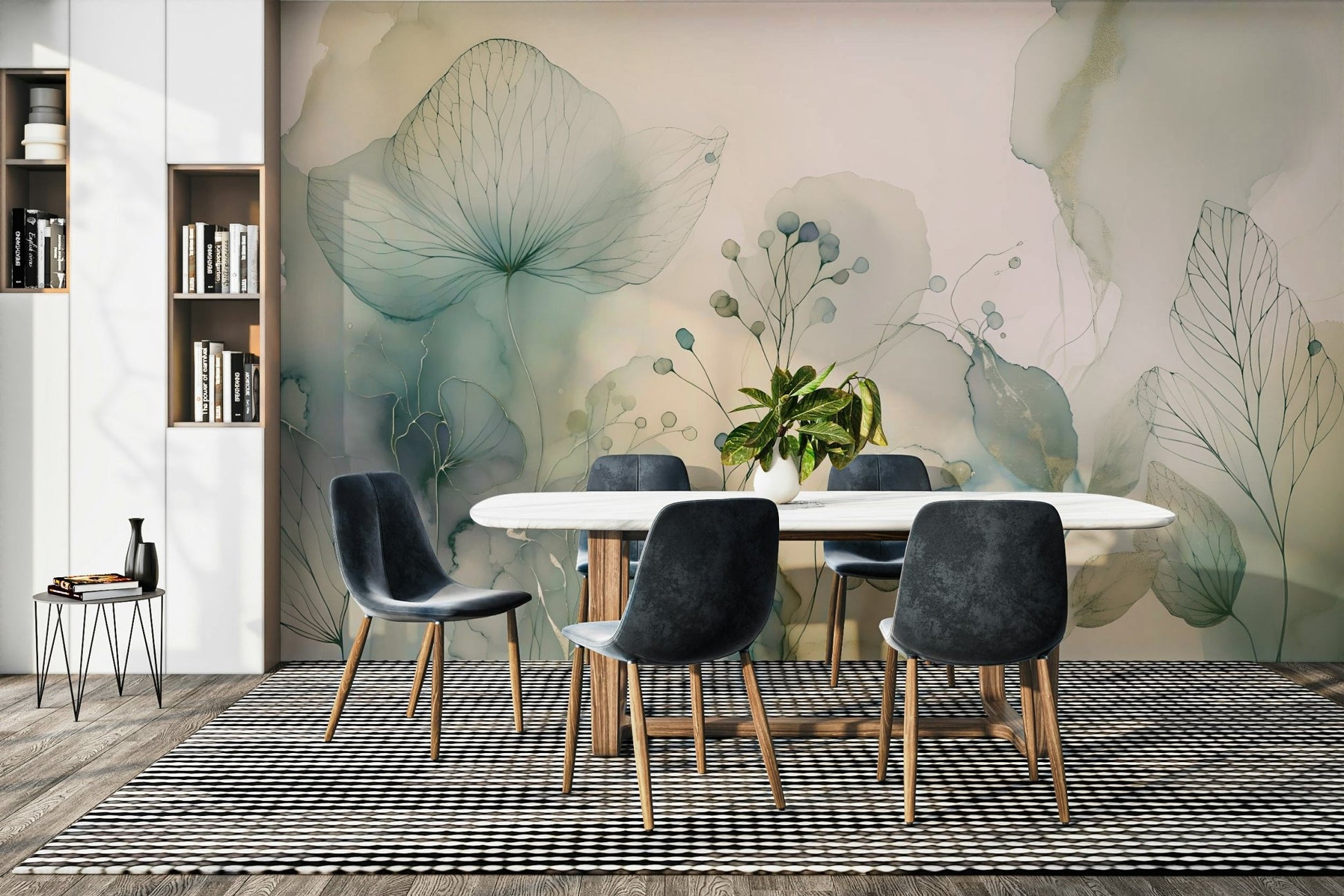 Whimsical flower mural with artistic brushstrokes.

