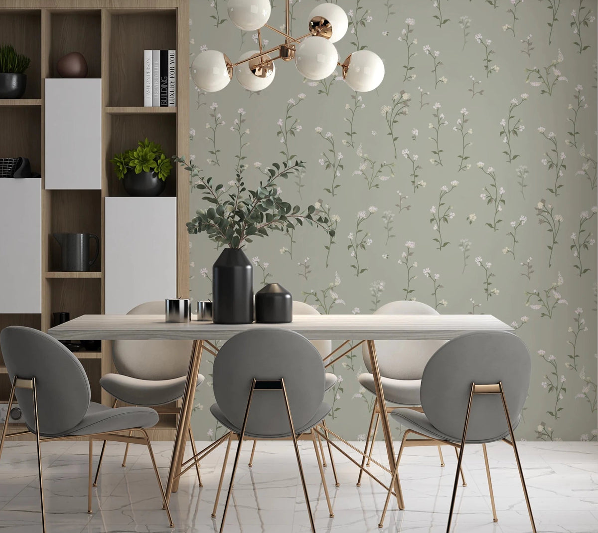 Dining room with Soft Floral Meadow cottagecore white flowers Wallpaper, GD8819