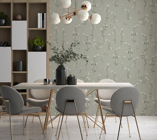 Dining room with Soft Floral Meadow cottagecore white flowers Wallpaper, GD8819