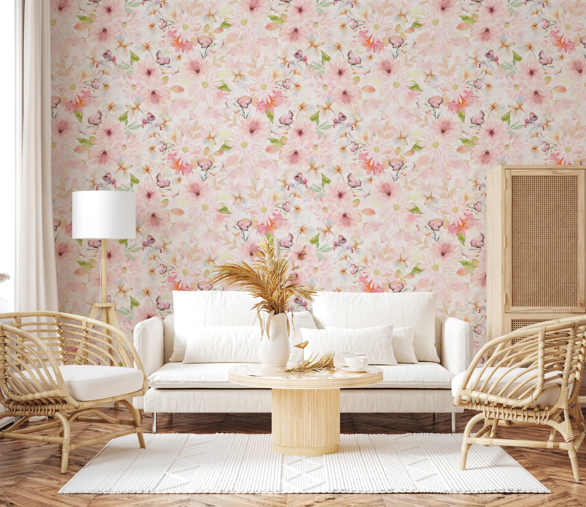 Floral wallpaper with soft pink meadow pattern, GD8166