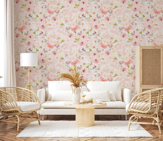 Floral wallpaper with soft pink meadow pattern, GD8166
