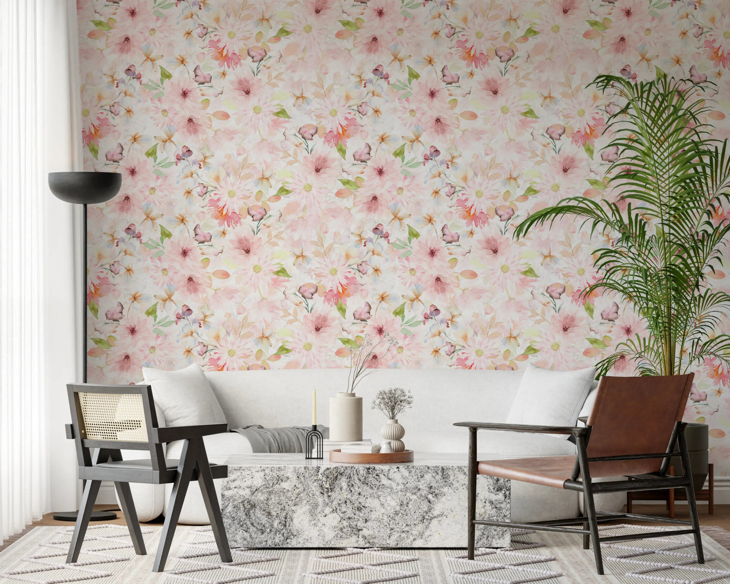 Soft Floral Pink Meadow Wallpaper with blossoms