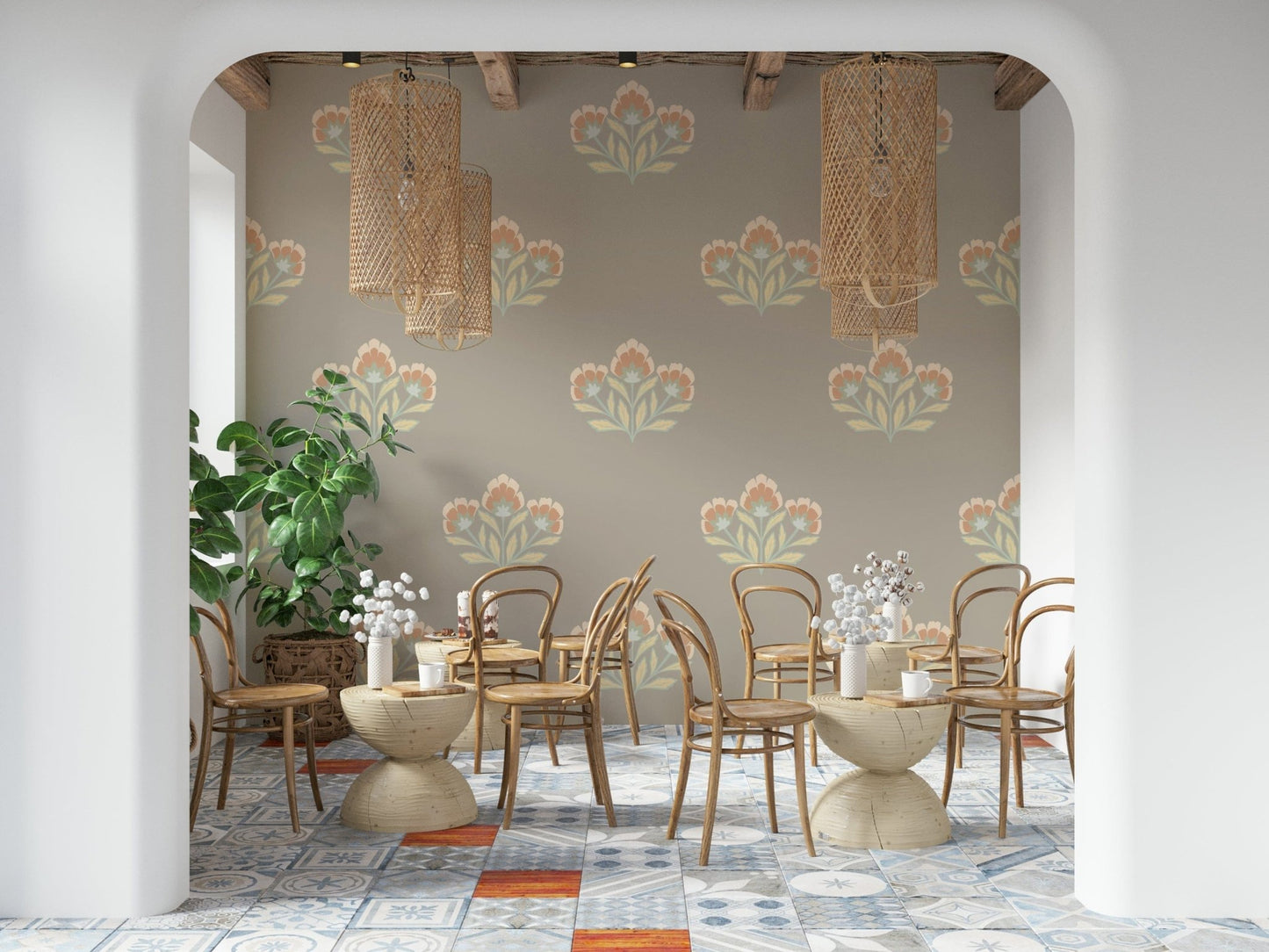 Soft Floral Symphony sophisticated wall mural, light fawn background.