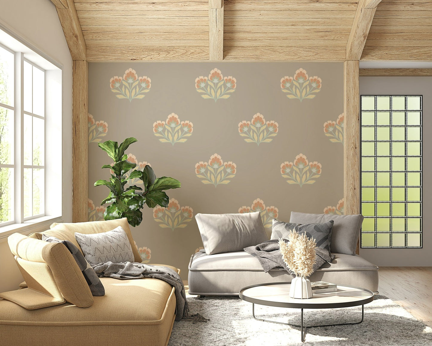 Refined Symphony stylized flower wallpaper in cozy neutral shades.