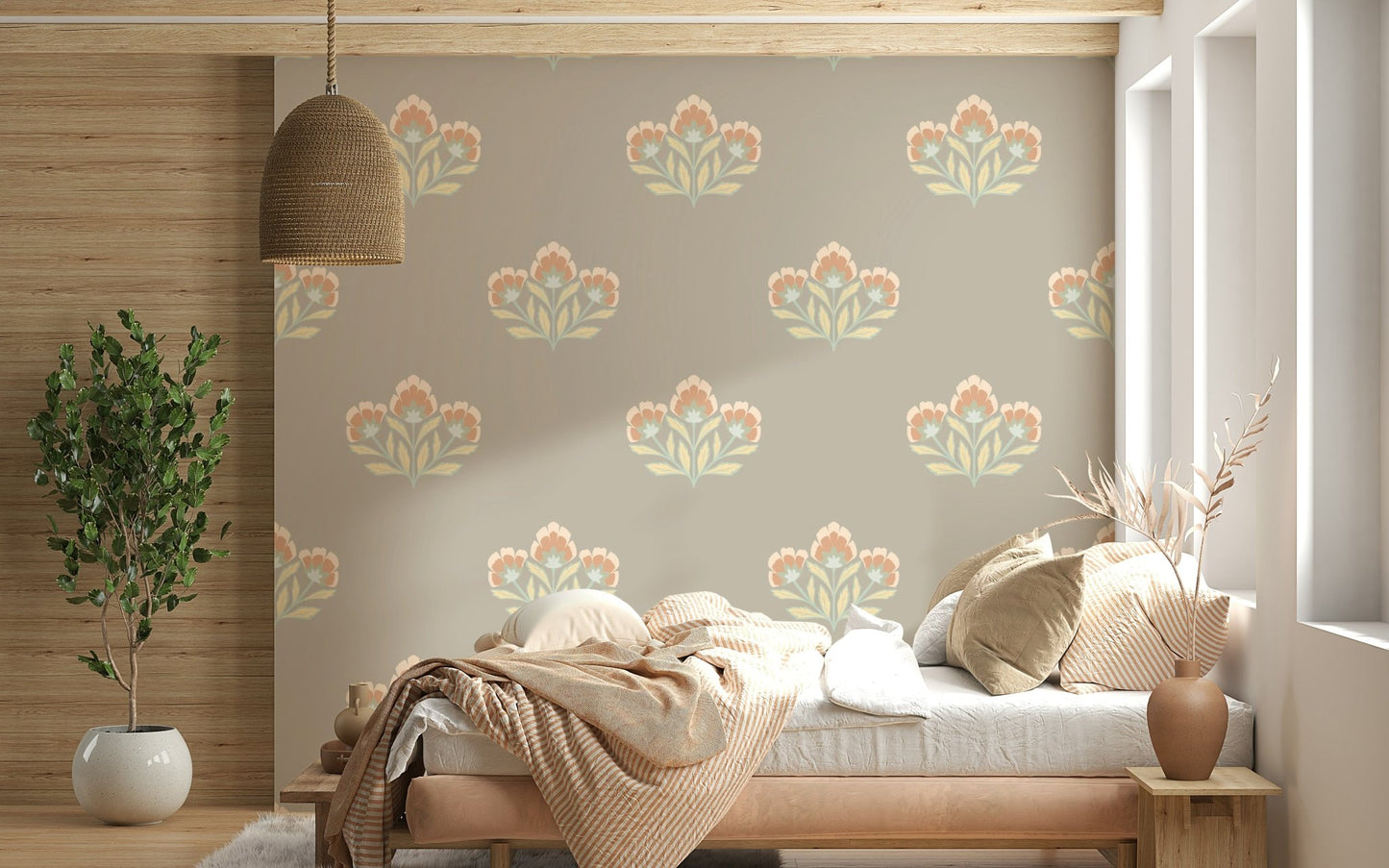 Serene Symphony timeless neutral wallpaper featuring cream leaves.