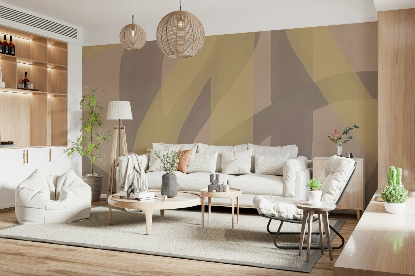A peaceful modern abstract mural on decorative wallpaper.

