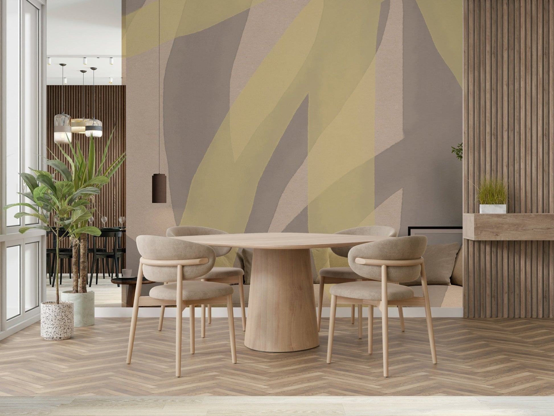 An artistic soft flowing mural on minimalist wallpaper.

