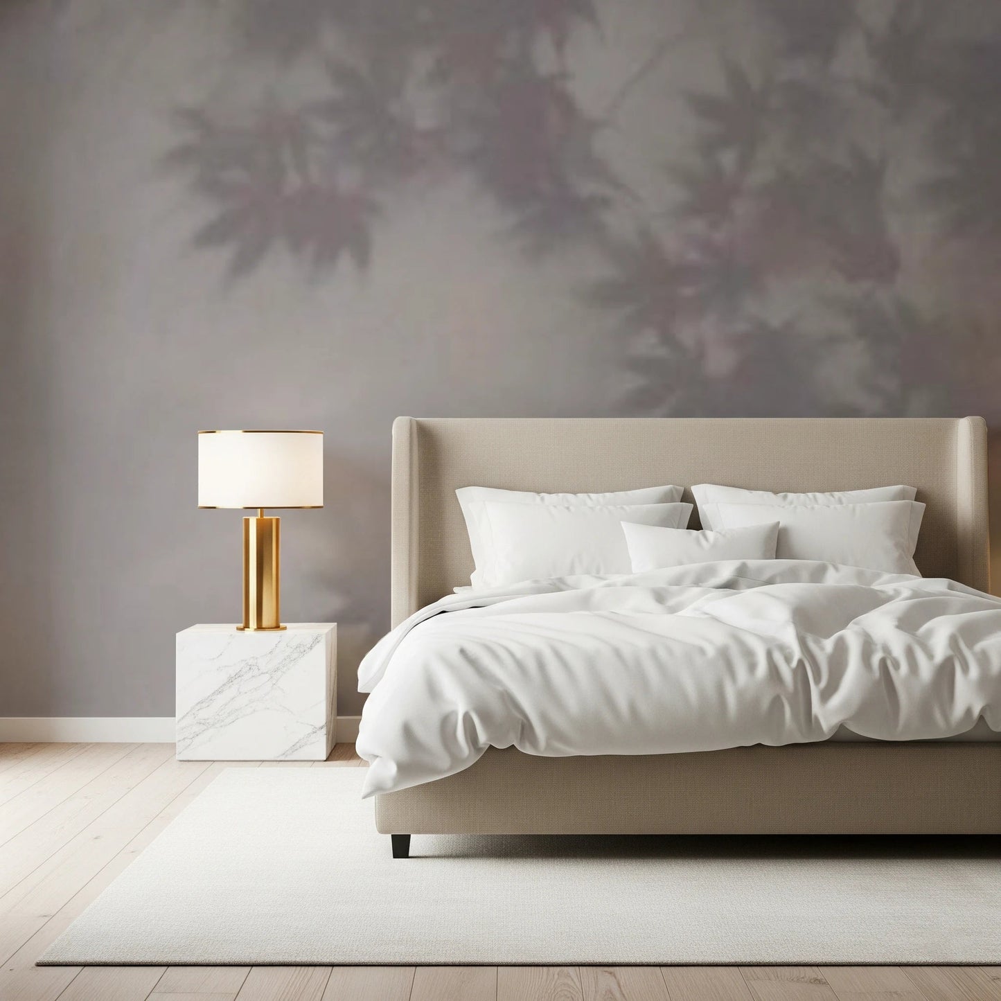 Shadow leaf pattern wallpaper for a calm master bedroom.