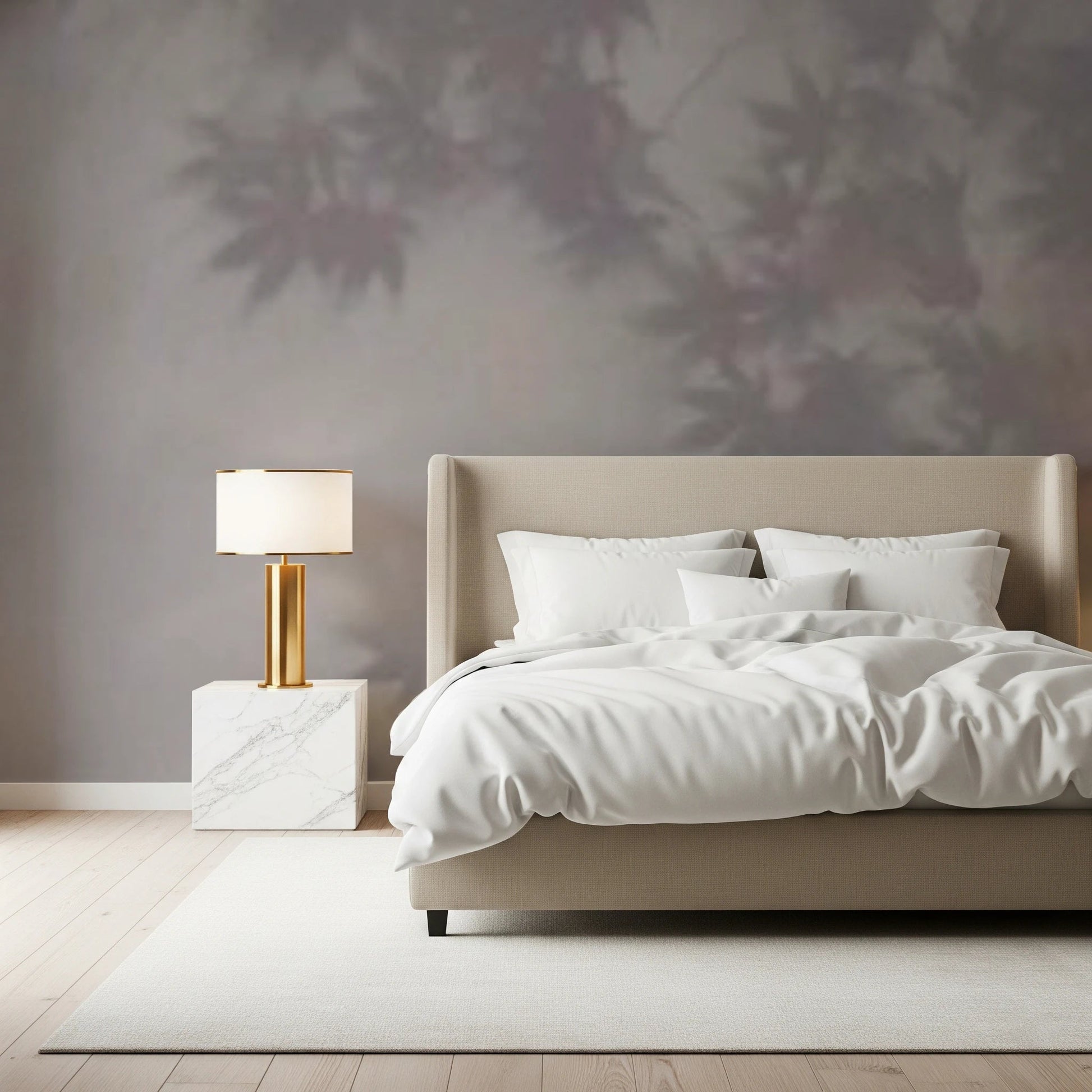 Shadow leaf pattern wallpaper for a calm master bedroom.