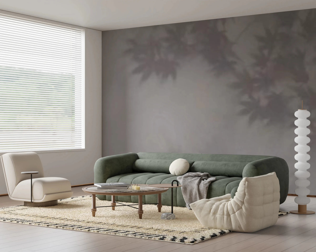 Soft Foliage Haze Wall Mural for a bedroom feature wall.