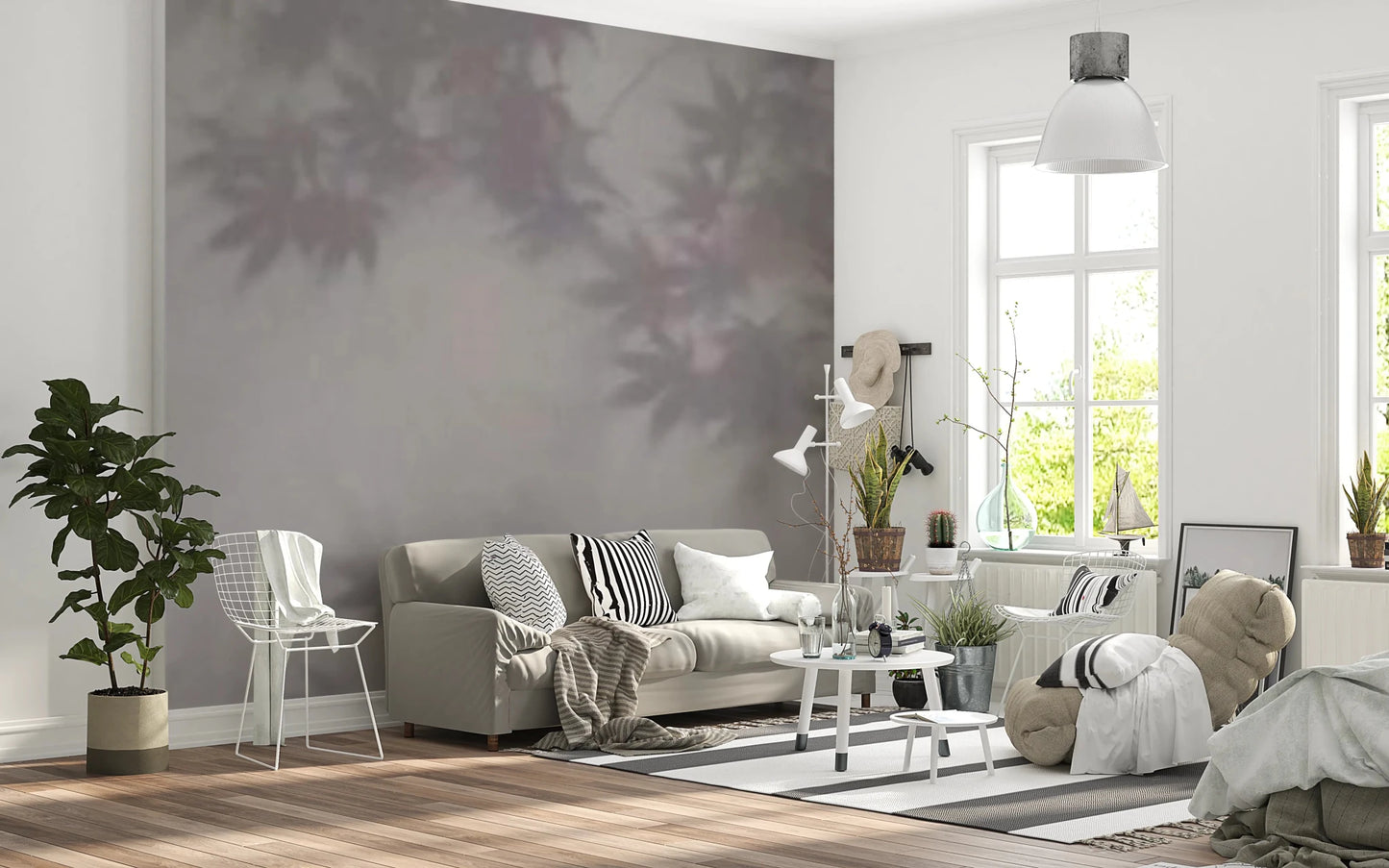 Misty foliage wall mural for neutral bedroom interiors.