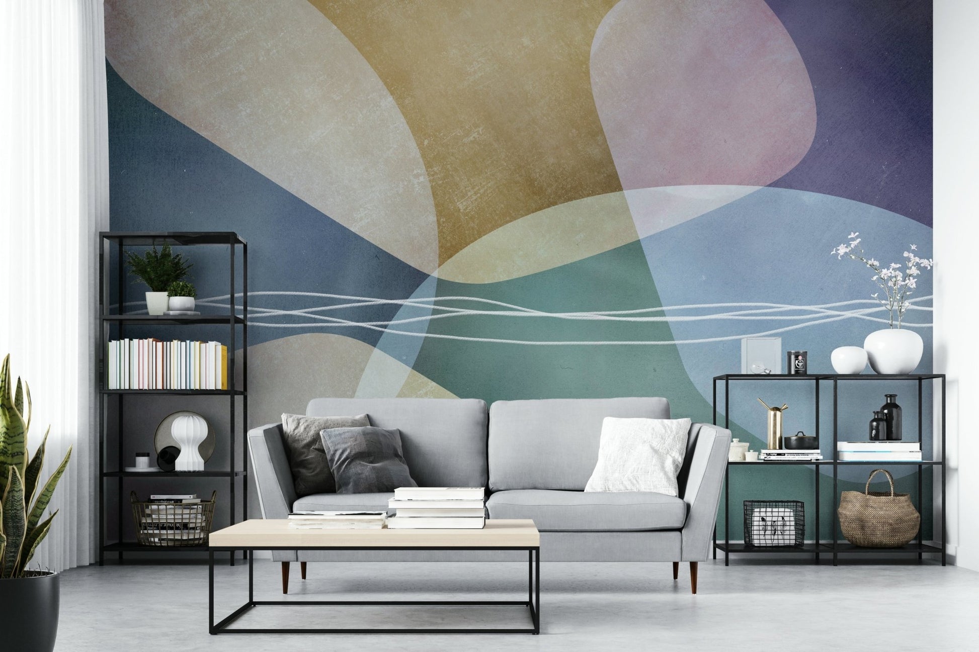 A minimalist wall mural featuring a pattern of geometric shapes.

