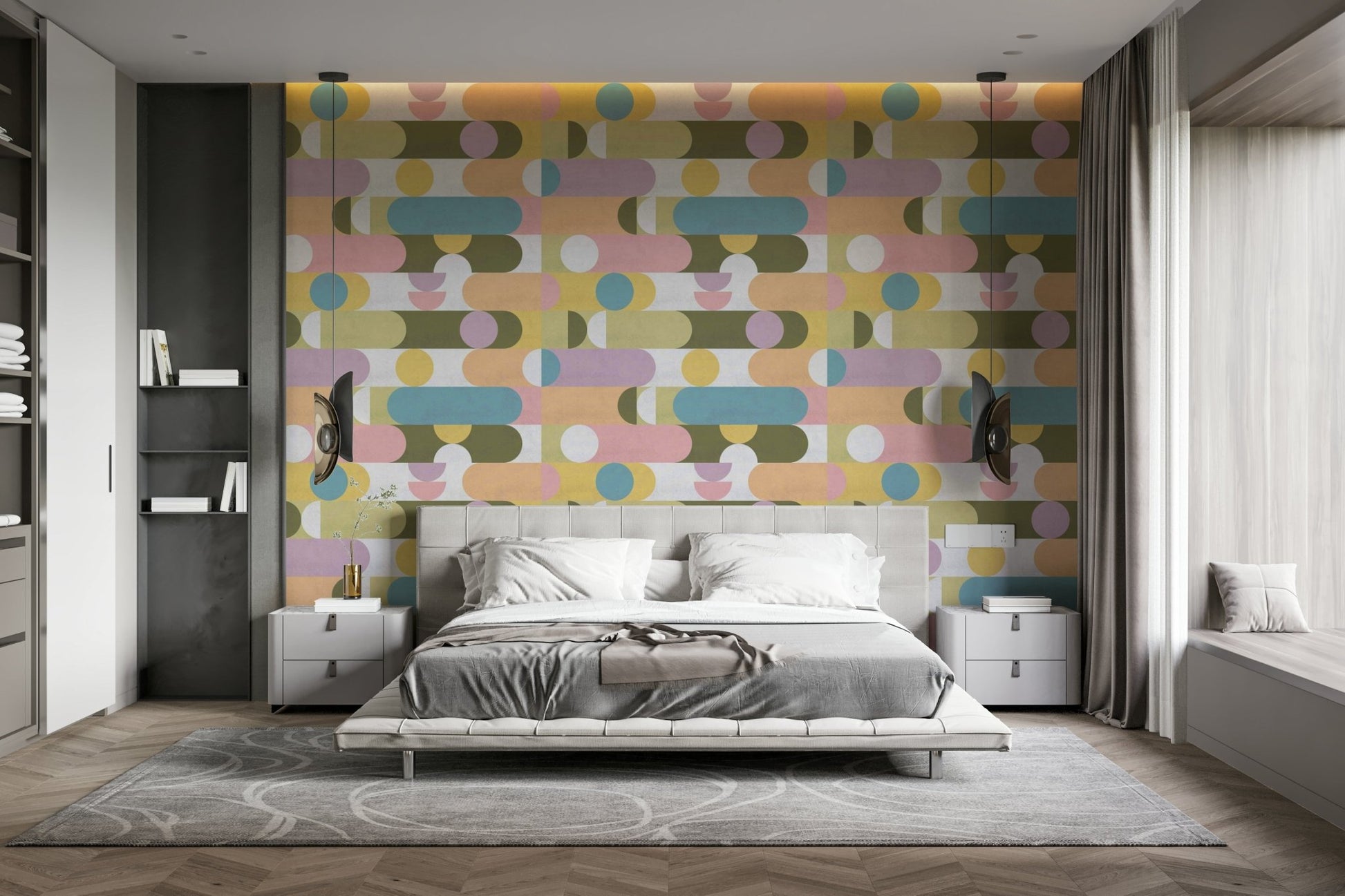 Pastel-toned geometric wall design in puzzle layout

