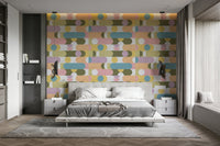 Pastel-toned geometric wall design in puzzle layout

