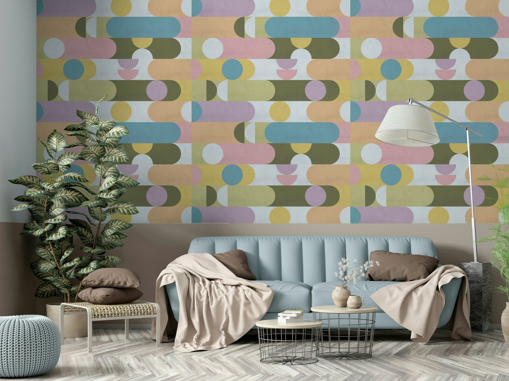 Rounded abstract shapes in soft pink, teal, and yellow
