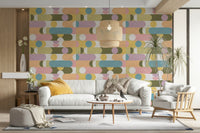 Playful puzzle-like wall design in muted pastel colors