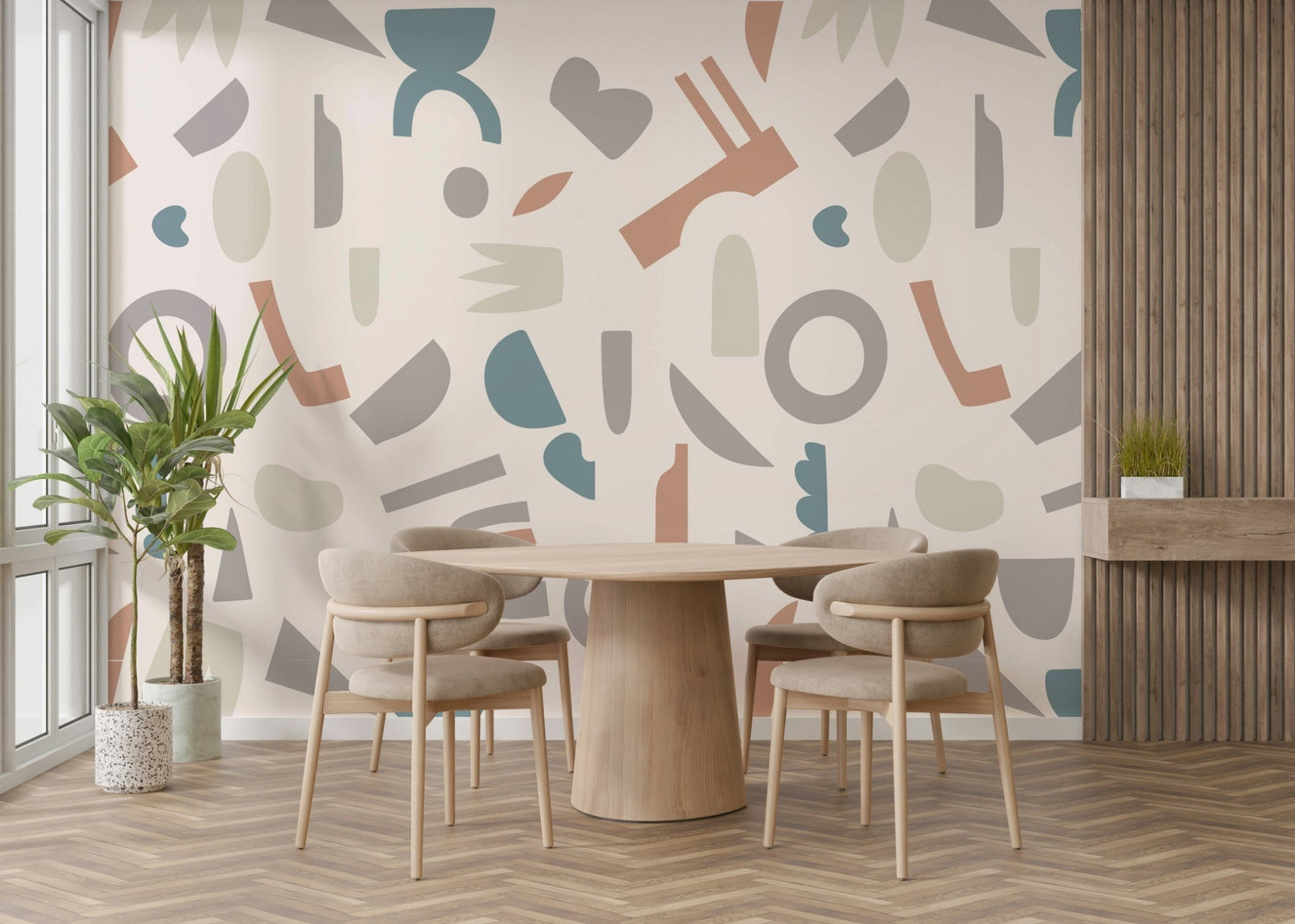 A peaceful wall mural with a modern geometric design.

