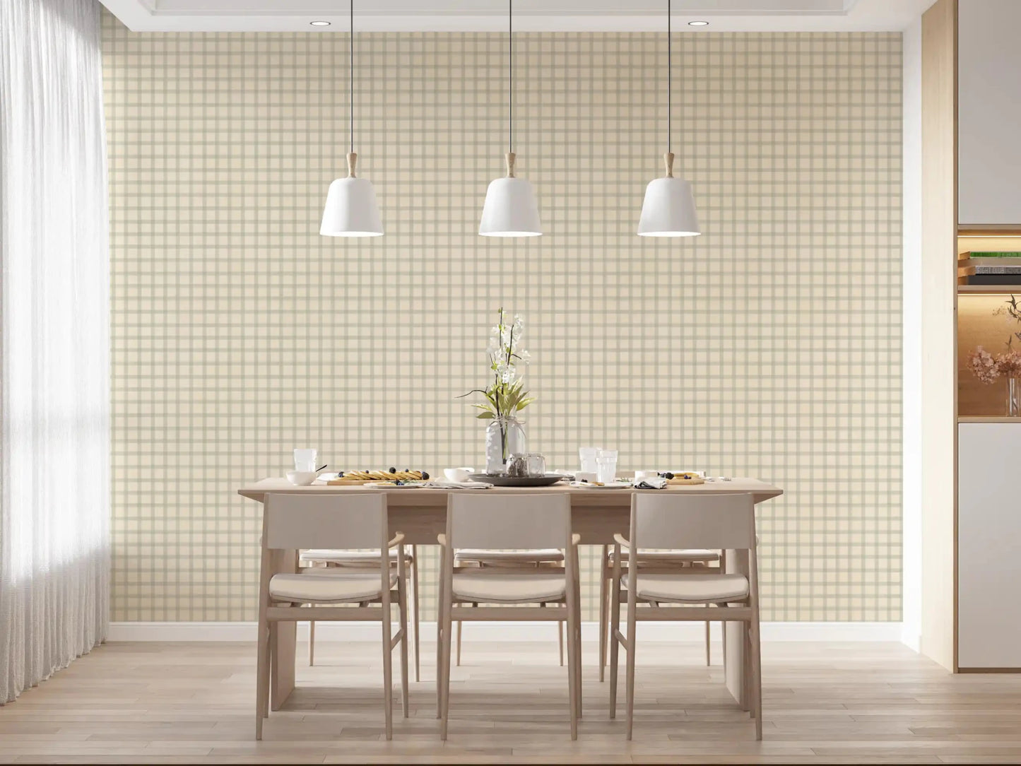 Soft Gingham On Canvas Muted Wallpaper in dining room with soft gray plaid pattern ⁠GD9214