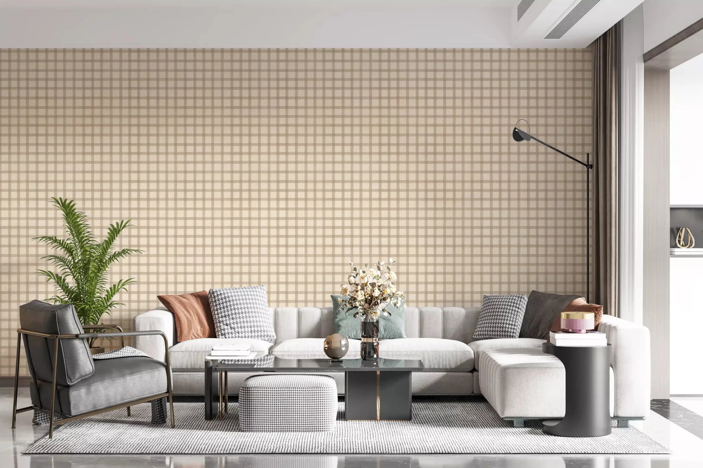 Living room Soft Gingham On Canvas Vintage wallpaper grid texture, GD9215