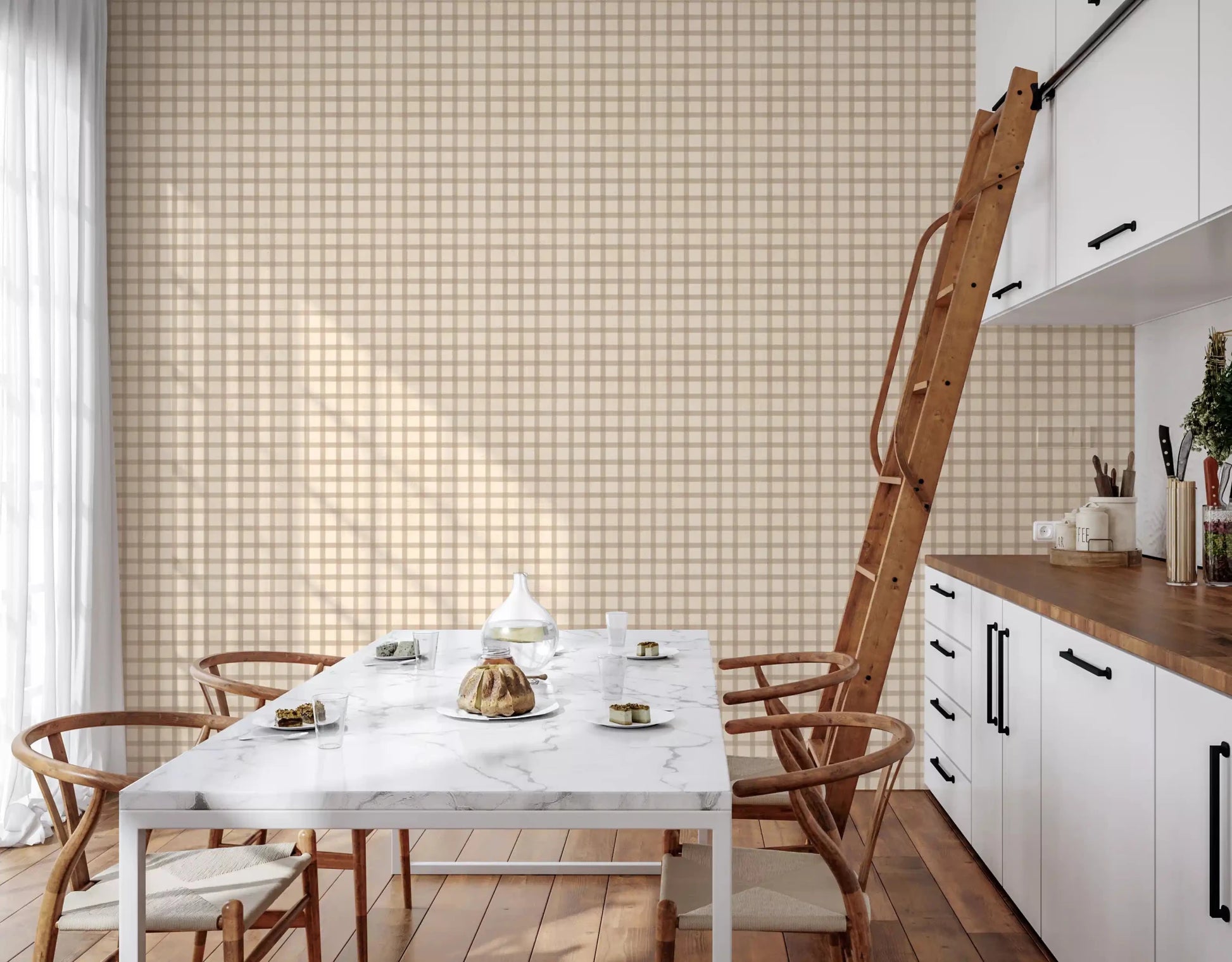 Soft Gingham On Canvas Vintage wallpaper with warm beige square grid layout, GD9215