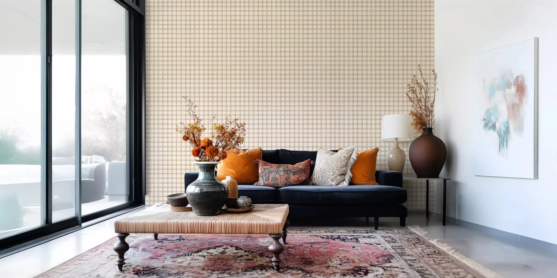 Soft Gingham On Canvas Vintage wallpaper showing beige check pattern with canvas feel, GD9215