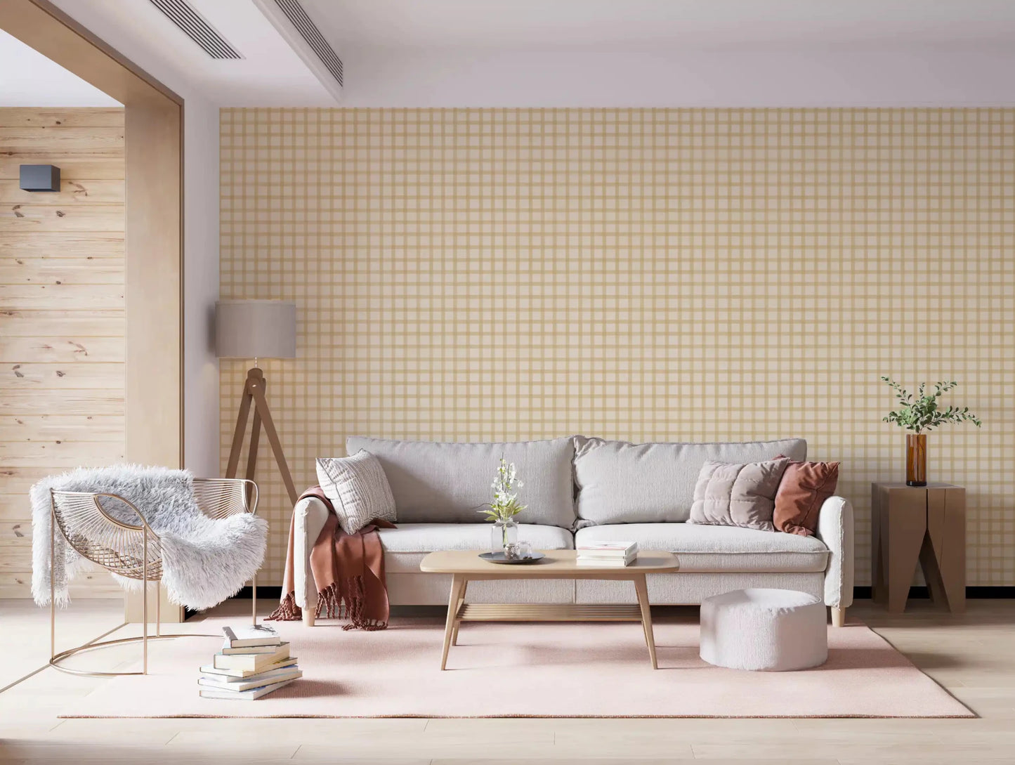 Living wall styled in Soft Gingham On Canvas Wallpaper with soft neutral checks ⁠GD9213