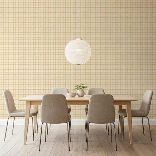 Soft Gingham On Canvas Wallpaper in dining room with warm beige plaid pattern ⁠GD9213