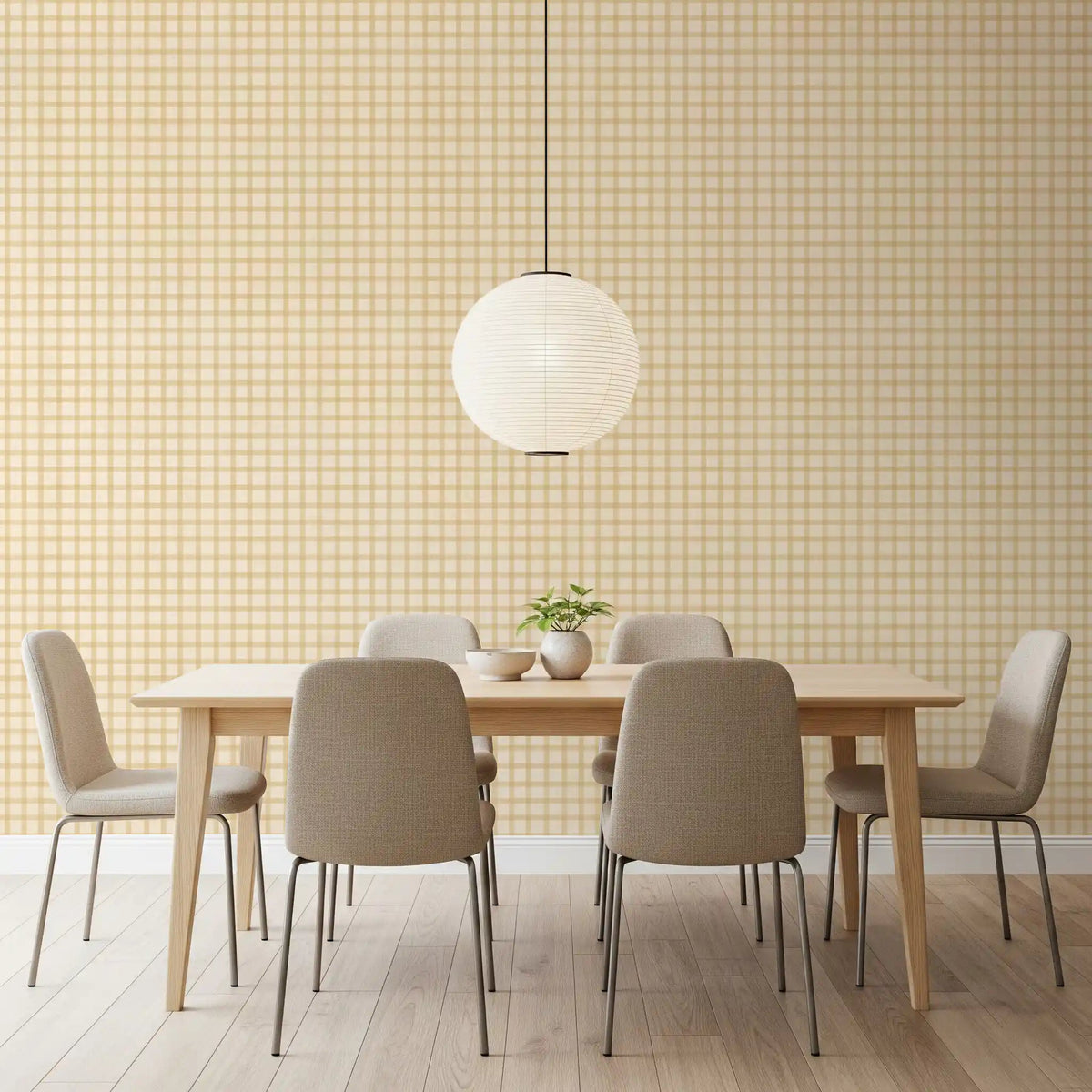Soft Gingham On Canvas Wallpaper in dining room with warm beige plaid pattern ⁠GD9213