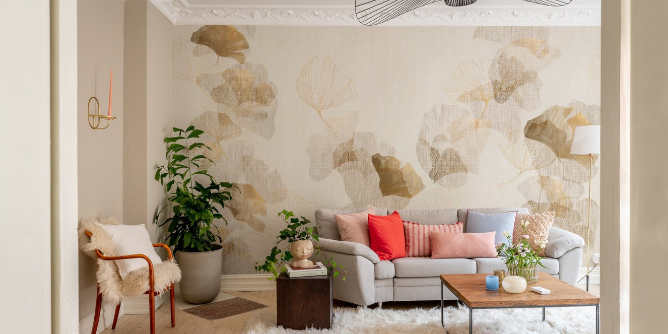 Golden Ginkgo Patterned Floral Wallpaper
